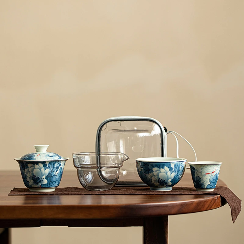 顶先 仿古青花满塘荷趣旅行快客杯便携茶具宝藏旅行好物
