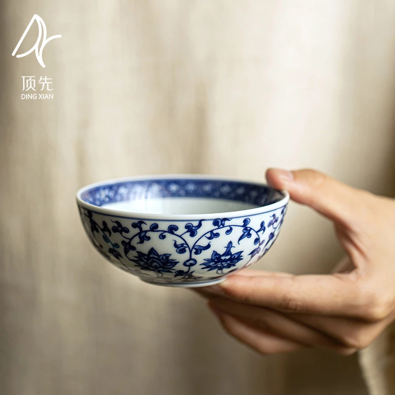 顶先 老陶泥仿古青花缠枝莲普洱杯单杯主人杯家用功夫茶具 A8539