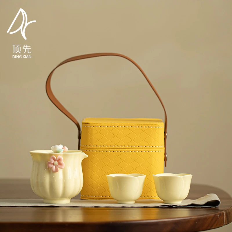 顶先 羊脂玉宝石黄花语手工捏花旅行茶具陶瓷仙女必备快客杯A9064