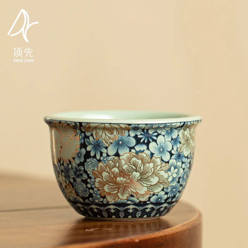 顶先 掐金牡丹主人杯汝窑繁花缸杯中式茶杯功夫茶具品茗杯 A9641