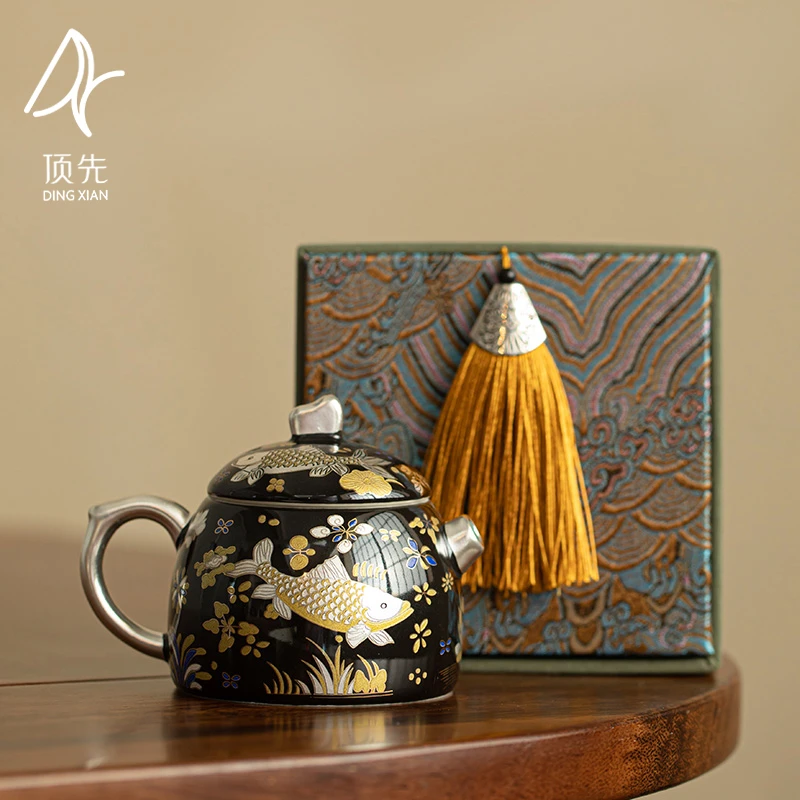 顶先 鎏银金银措鱼藻纹复古茶壶陶瓷功夫茶具家用单壶礼盒 A10782