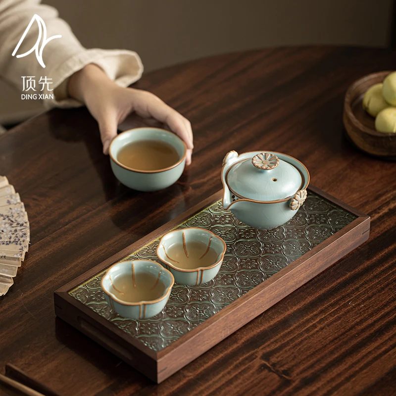【顶先严选】古道源天青汝窑旅行功夫茶具一壶三杯车载便携A6652