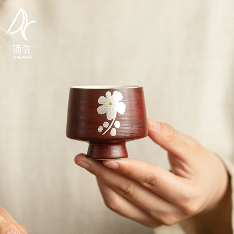 顶先 粉引山楂红银梅玉立杯复古茶具茶杯陶瓷中式品茗杯 A10200