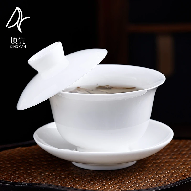 顶先 羊脂玉瓷白瓷三才盖碗可悬停泡茶碗茶杯陶瓷功夫茶具A8386