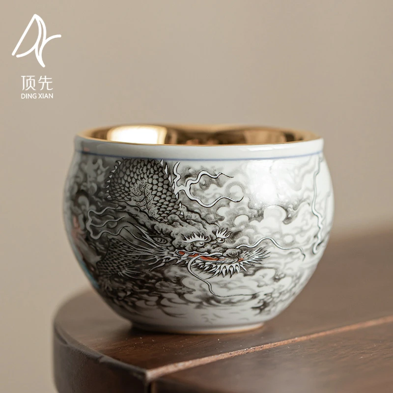 【达观说器】顶先07 墨龙金杯主人杯墨彩龙纹卧足茶杯大号缸杯A7489