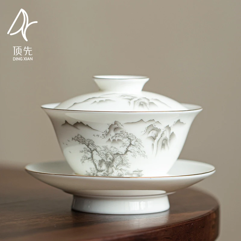 顶先中式墨彩山水白瓷盖碗三才碗家用带盖泡茶碗功夫茶具 A7955