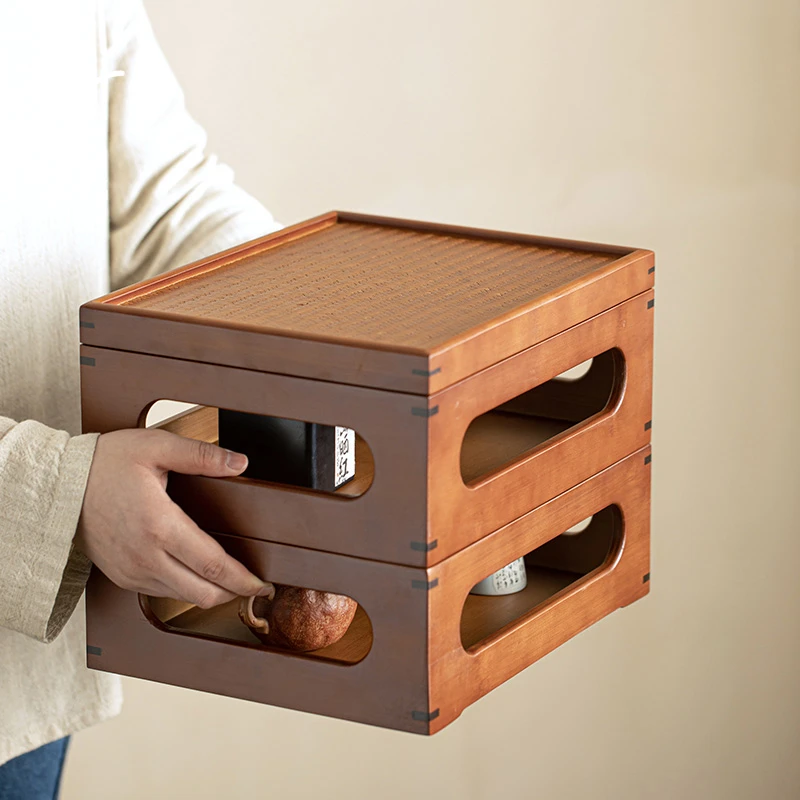 顶先  竹玲珑盒两层竹制茶台收纳盒茶道盒多功能（30*24*23）A8239