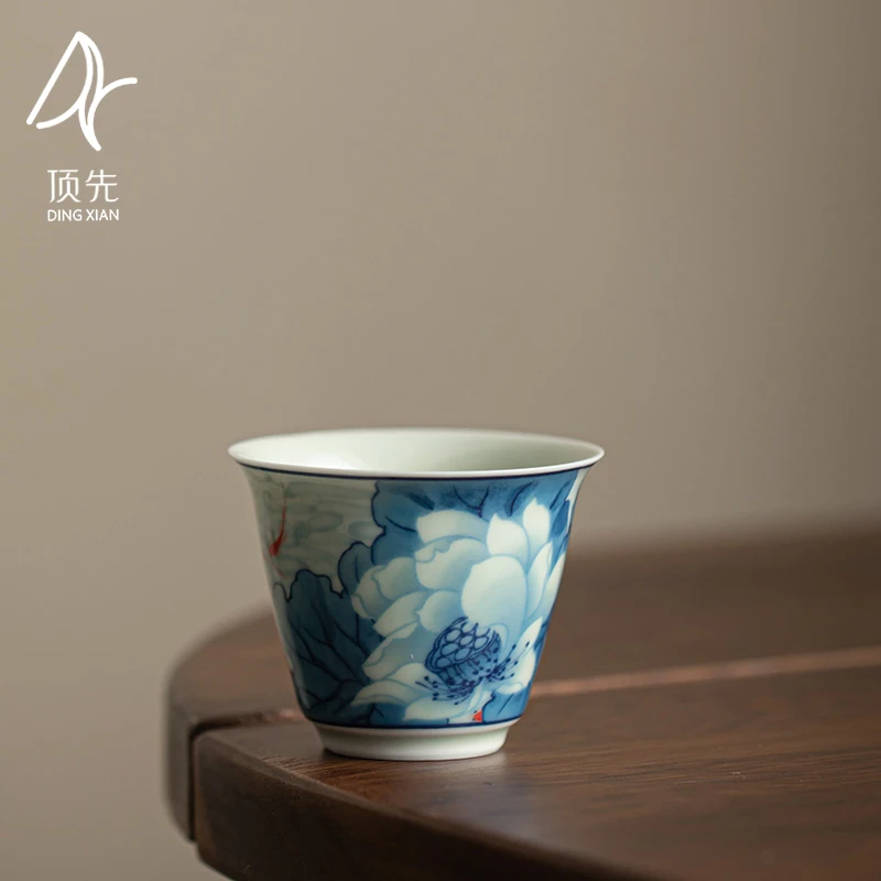 【达观说器】顶先兰彩荷花青花瓷小杯陶瓷茶具茶杯复古品茗杯A6701