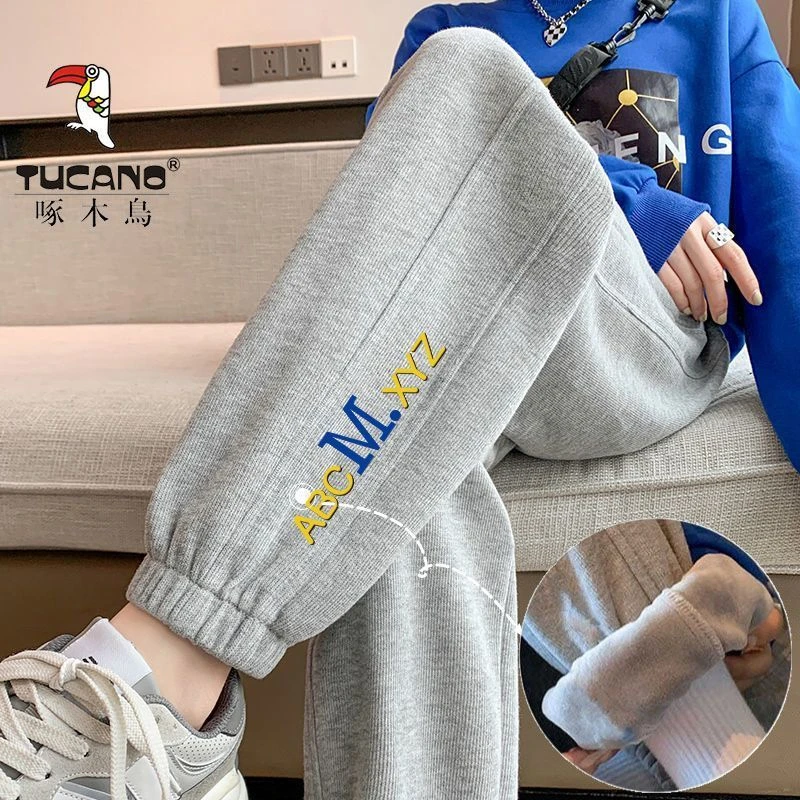 啄木鸟加绒加厚运动裤冬季高腰宽松束脚显高显瘦百搭保暖ins卫裤