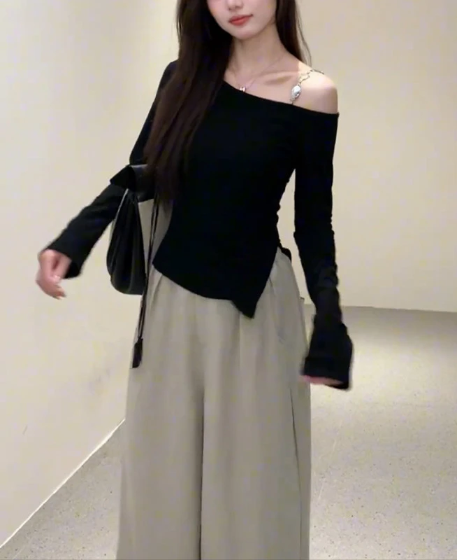 2025早秋新款斜露肩不规则设计感修身显瘦上衣高腰垂感阔腿裤