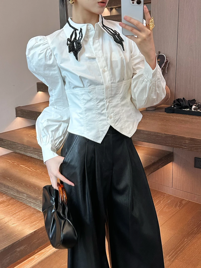 GaiQu“月影集”设计师手工亮片气质收腰不规则显瘦宫廷袖法式衬衣