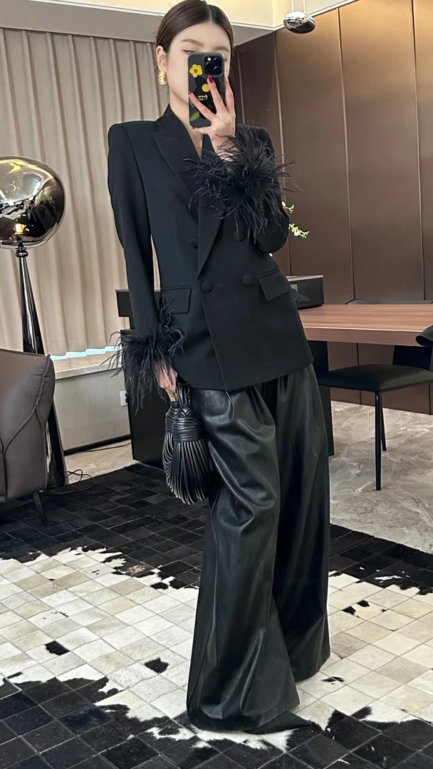 GaiQu“沅陵”设计师款羽毛拼接显瘦收腰双排扣气质西装外套