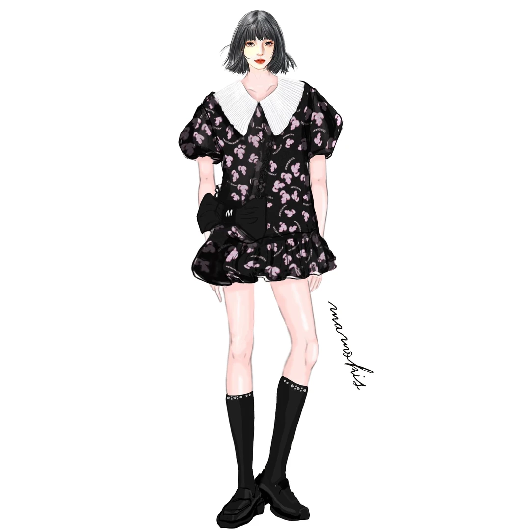 【SY】fiona chen/斐娜晨新款小兔子满印花设计娃娃领涤纶绉连衣