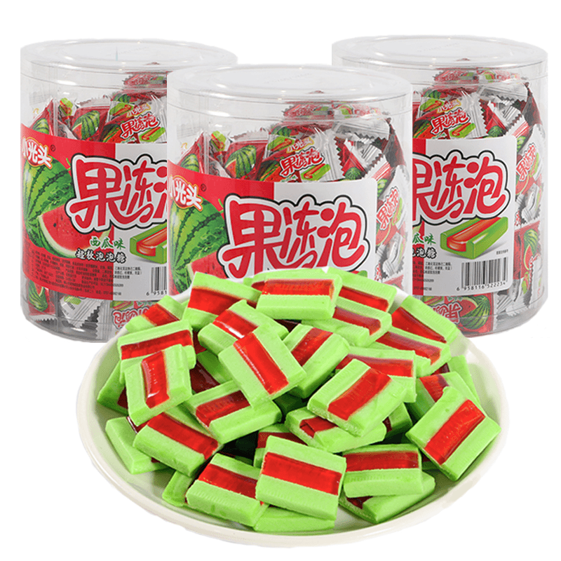 小光头果冻泡西瓜泡泡糖超软糖桶装500克80后怀旧零食糖果口香糖