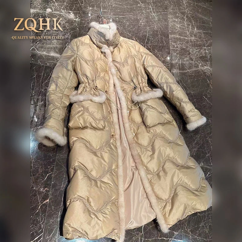 【ZQHK】子琪品牌2023年秋冬款质收腰抽绳中长款皮草羽绒服