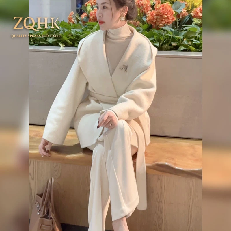 [ZQHK]子琪品牌2024秋冬新款气质法式蚕丝驼绒羊毛连帽短款大衣