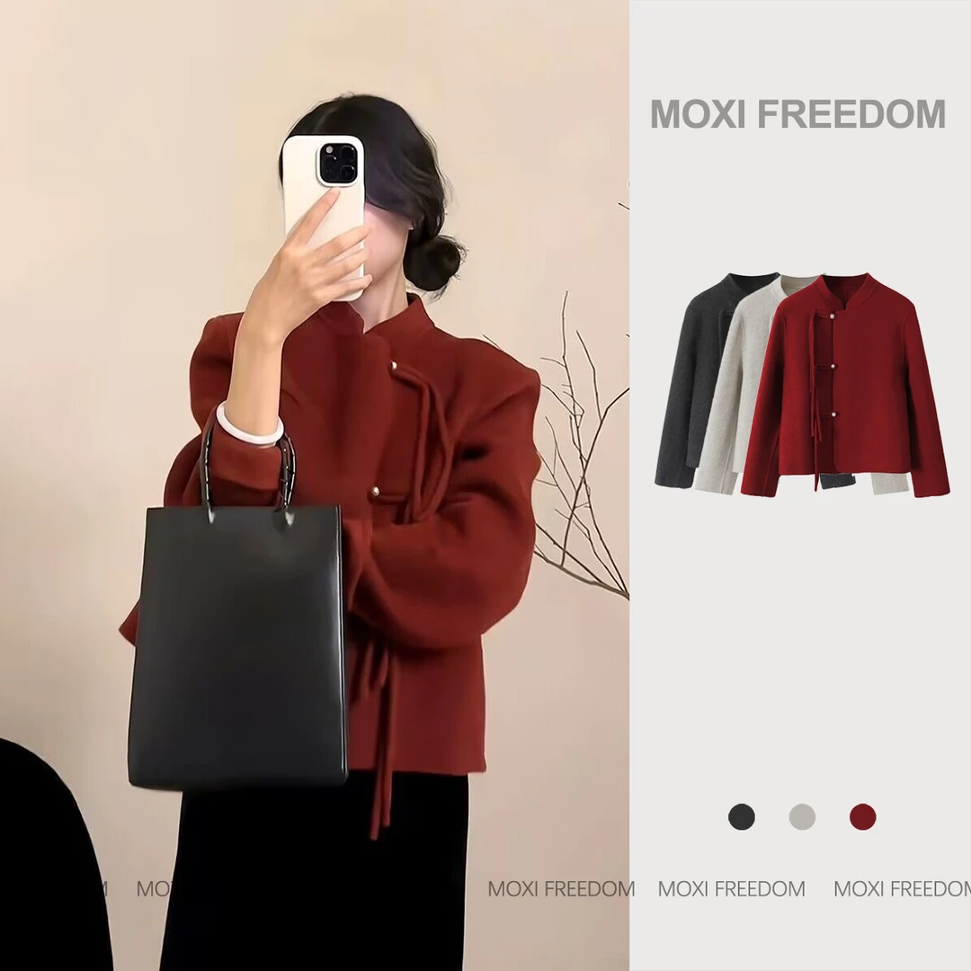 【红墙黛瓦】A秋冬新款小个子国风珍珠扣短款双面羊呢大衣女外套