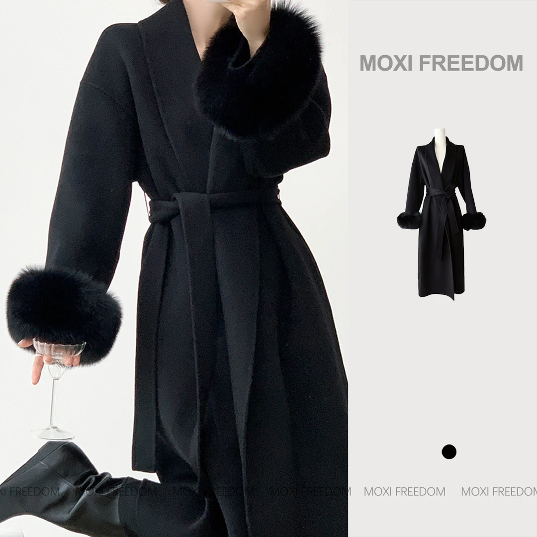 【女爵时代】100%羊毛高端黑色加长款狐狸毛双面羊毛呢子大衣外套女