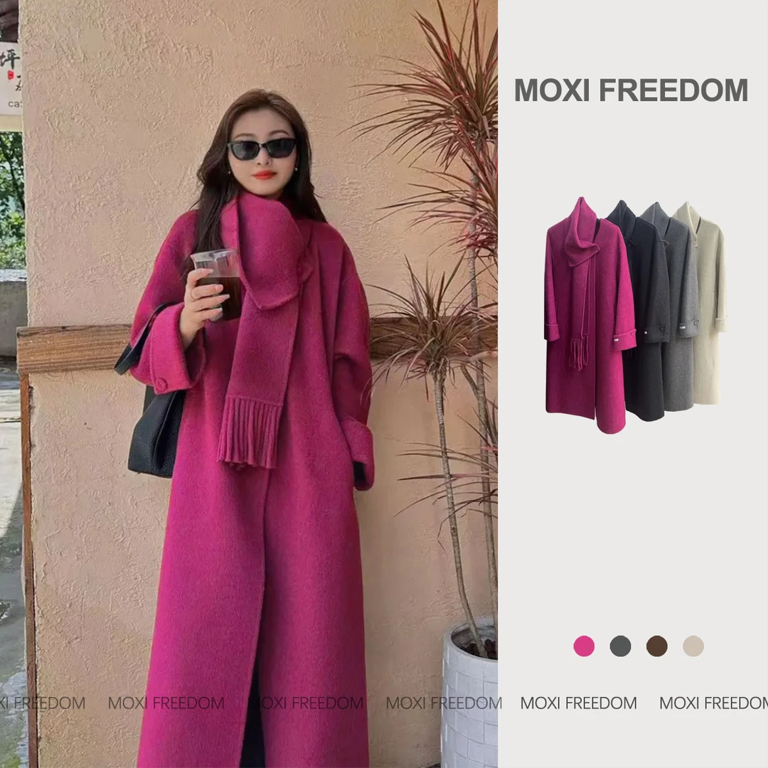 【普罗旺斯】秋冬季新款高定紫色围巾款长款双面羊毛呢大衣外套女装