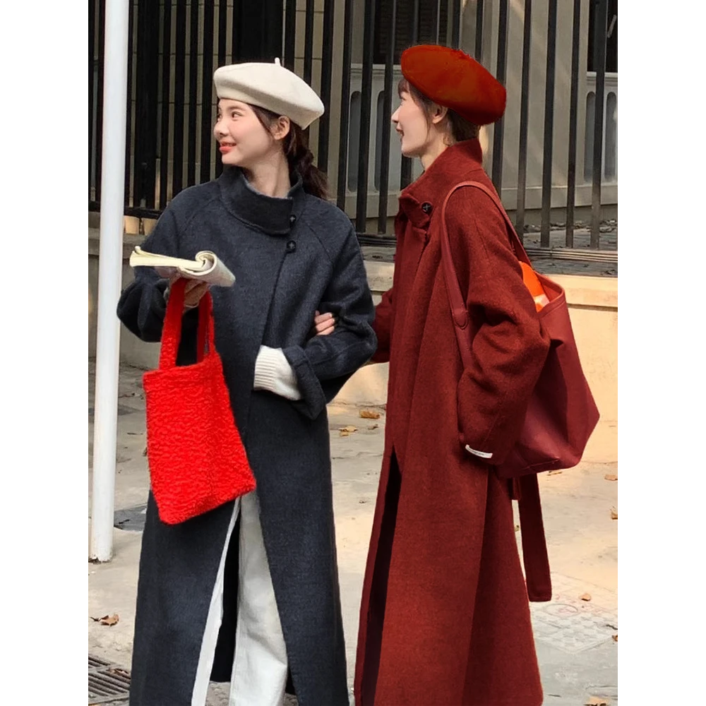 【叙镜往事】Y秋冬立领气质韩系腰带双面羊毛呢毛长款宽松大衣女