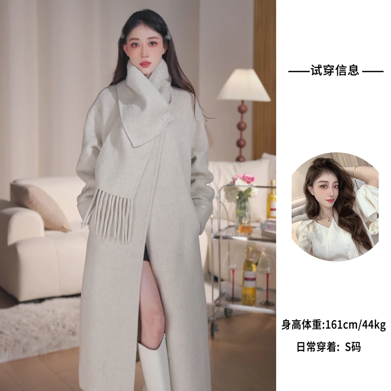 【普罗旺斯】秋冬季新款高定围巾款长款双面羊毛呢大衣女款大衣