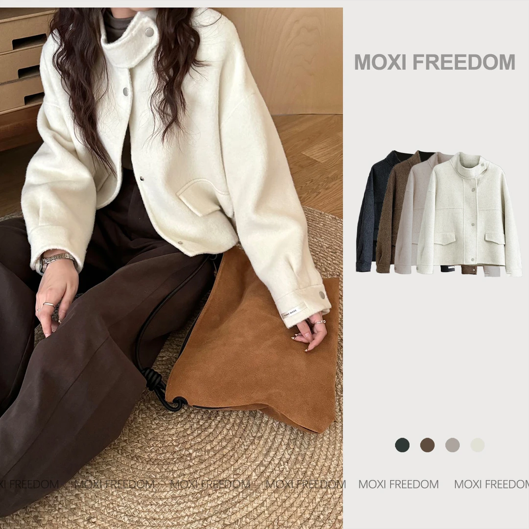 【雷诺斯】Y秋冬新款小个子短款立领宽松双面毛呢子大衣外套女装