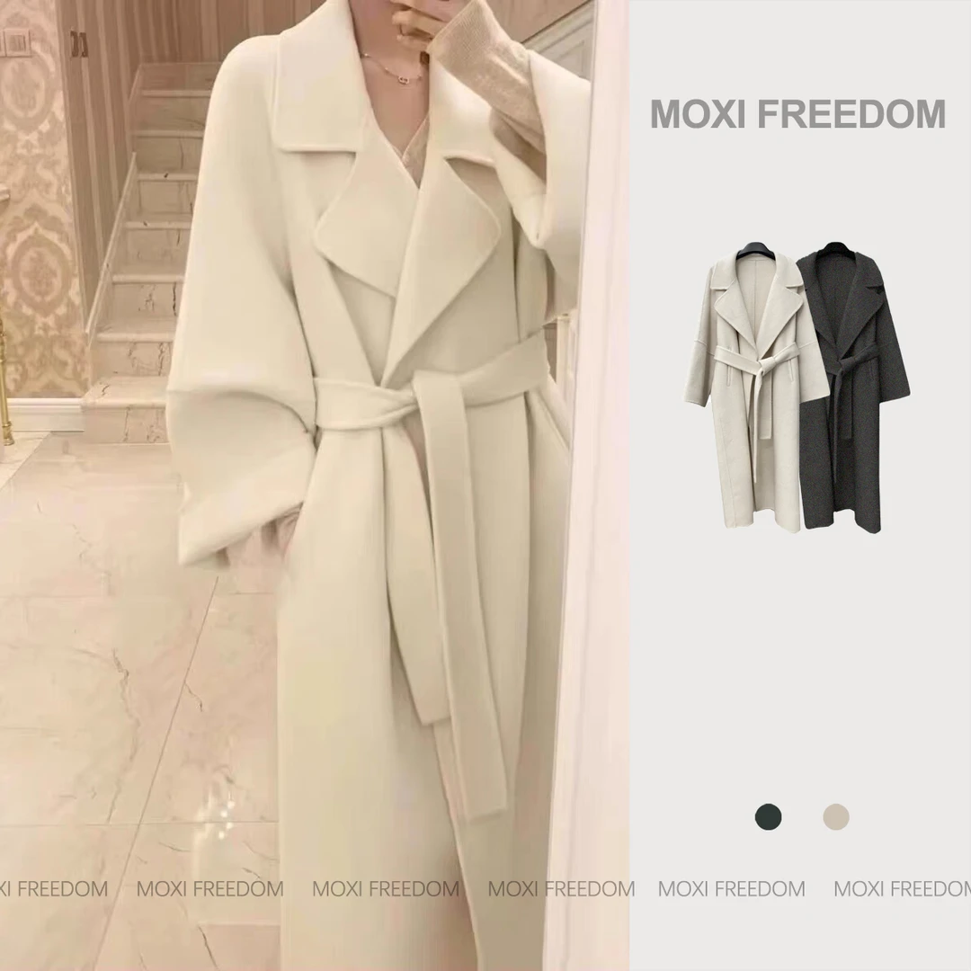 【白芷燕尾】A新款秋冬腰带气质腰带双面羊毛中长款毛呢大衣外套女