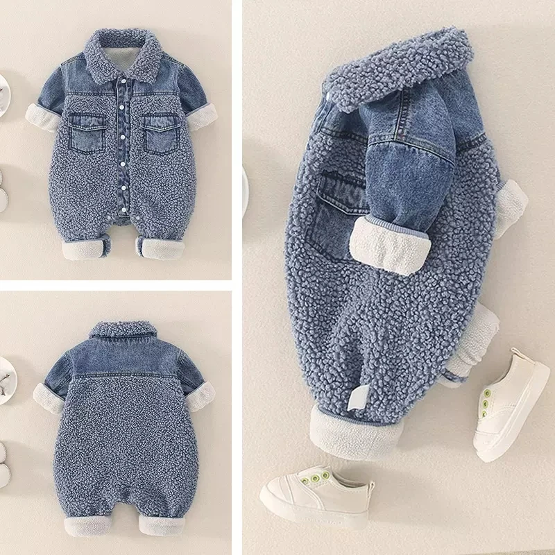 超萌婴儿衣服春秋款套装可爱男宝宝加绒牛仔连体衣幼儿秋冬外出服