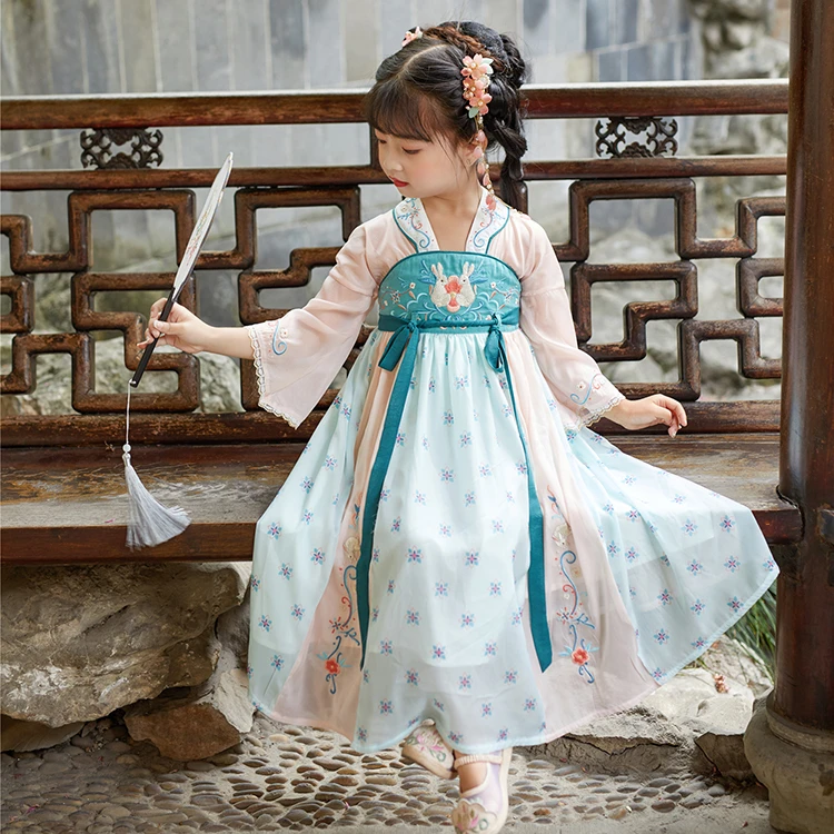 【双兔】女童汉服襦裙夏中国古风绣花印花假两件演出舞蹈连衣裙