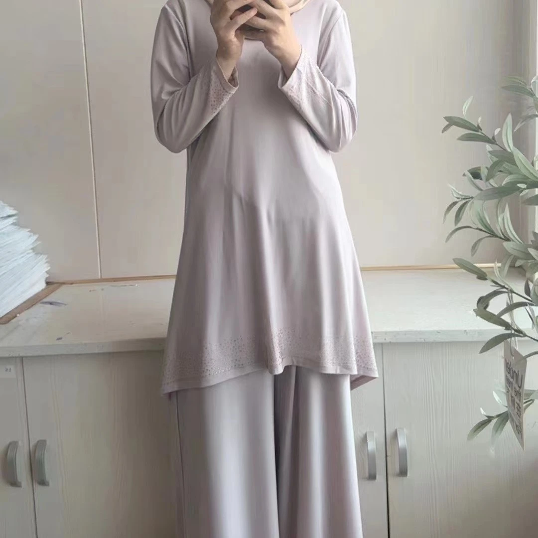 清货（No退No换）新款纯色烫钻圆领冰凉舒适水晶麻弹性套装两件套