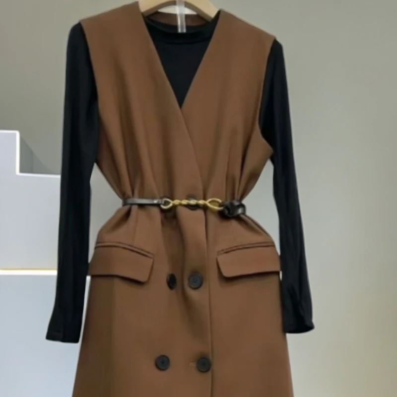 上新秋季新款时尚韩版长款双排扣马甲气质显瘦网红百搭