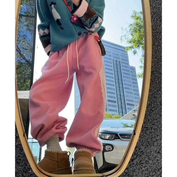 【Z.D.C】蕾丝边的一条加绒休闲裤/减龄宽松保暖百搭