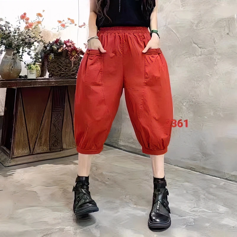 JIAXIN/珈辛显瘦时尚休闲百搭夏季薄款宽松松紧腰女裤复古七分裤