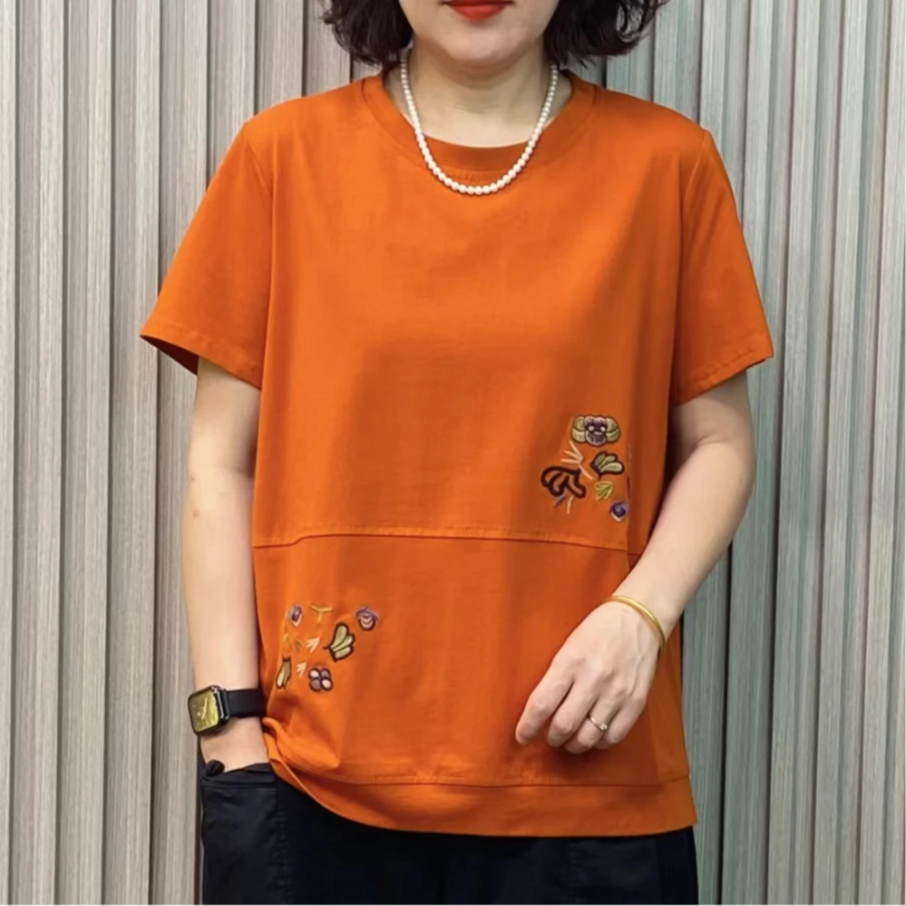 JIAXIN/珈辛夏季时尚休闲潮流刺绣圆领短袖T恤妈妈装显瘦百搭半袖