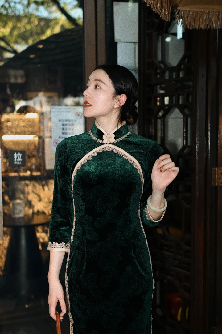 【玉楼春】2024秋冬新款大气复古气质优雅显瘦丝绒日常款旗袍125CM