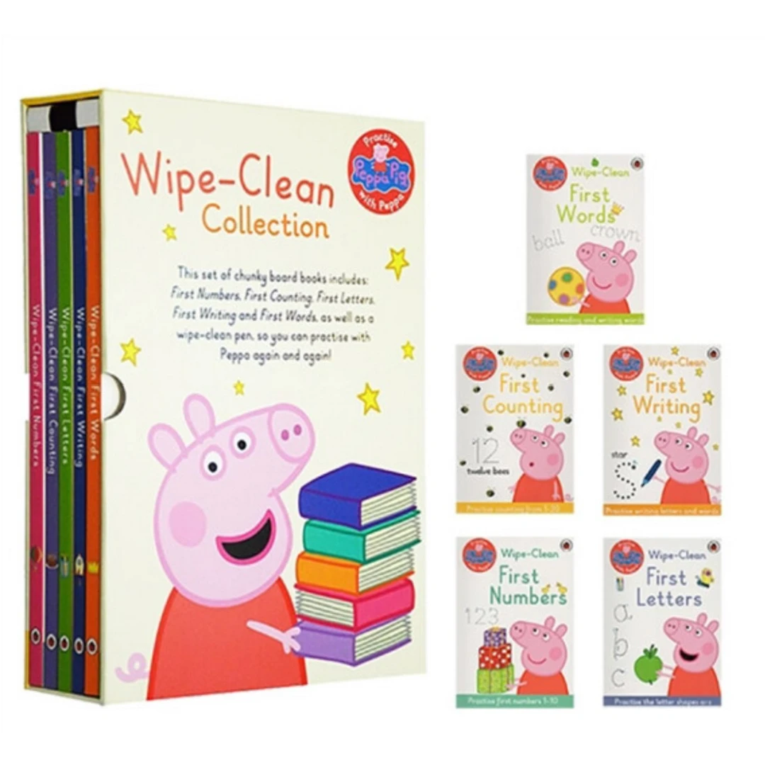 英文原版小猪佩奇5册纸板书礼盒装 送擦写笔 Peppa's Wipe Clean