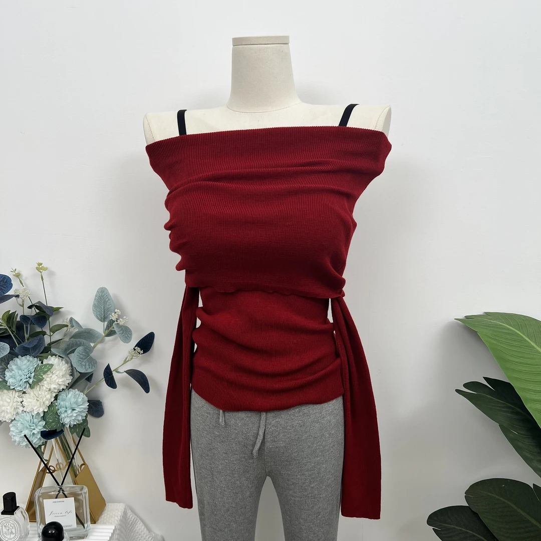 贰小小姐自留！设计感一字肩针织衫女秋冬2024新长袖露肩修身上衣