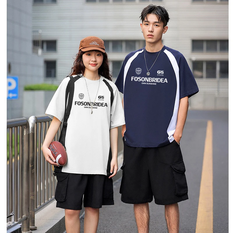 fosonbr夏季重磅纯棉撞色拼接短袖宽松廓形设计感潮流美式情侣T恤