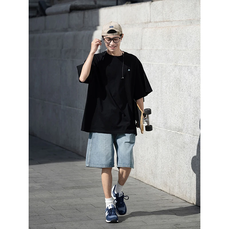 日系短袖男T恤2025夏新款国潮简约宽松印花潮牌重磅打底衫