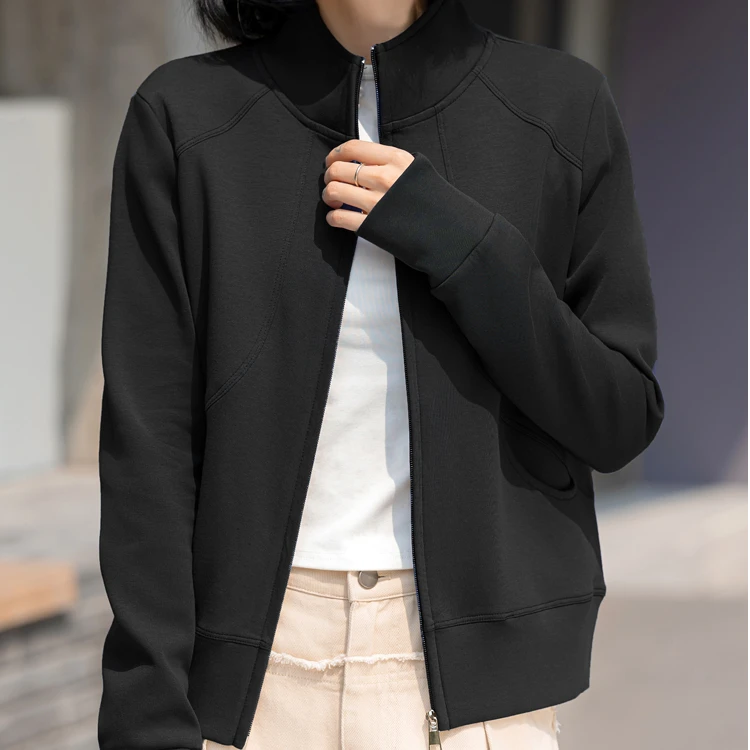 春秋新款女百搭纯色大码卫衣立领休闲宽松开衫拉链衫棒球服外套