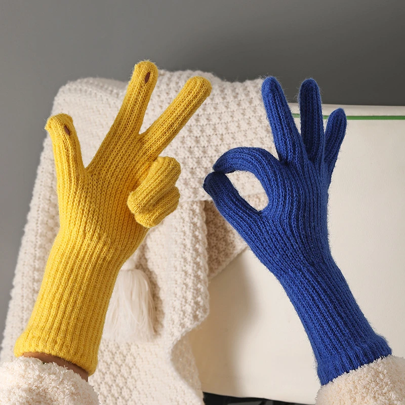 纯色小众可触屏手套毛线针织手套女秋冬加厚保暖护手五指手套学生