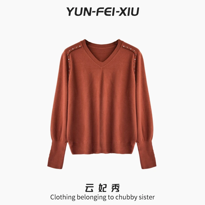 云妃秀大码女装针织衫时尚休闲微胖宽松显瘦v领简约百搭春99103