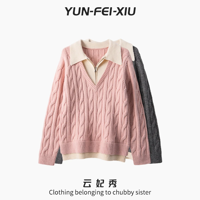 云妃秀大码女装毛衣时尚休闲微胖宽松显瘦假两件上衣百搭春68605