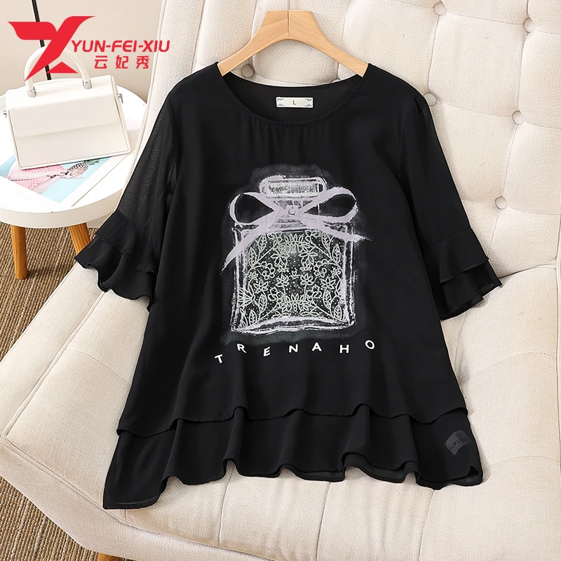 云妃秀大码女装雪纺衫休闲洋气百搭图案圆领胖mm显瘦遮肉夏21377