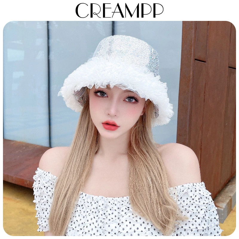 CREAMPP 原创春秋镭射幻彩拼接公主渔夫帽银色亮片木耳花边盆帽