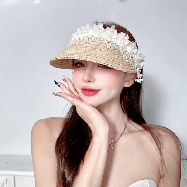 CREAMPP 限量版新色拉菲草蕾丝钉珠花朵流苏遮阳帽公主草空顶帽