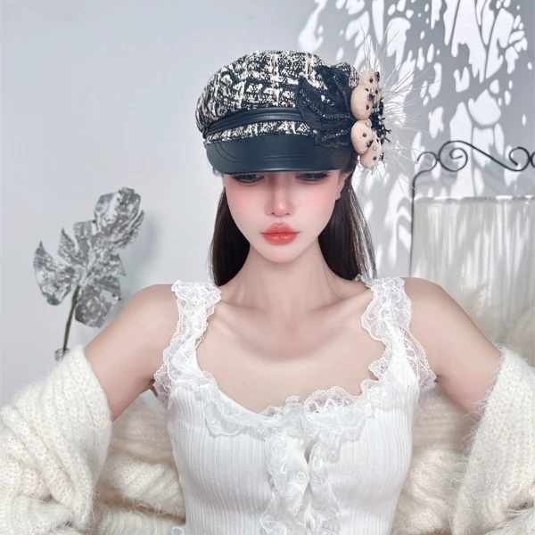 CREAMPP 原创香风混色羊毛拼皮船长帽手工海绵珠钻花驼鸟毛海军帽