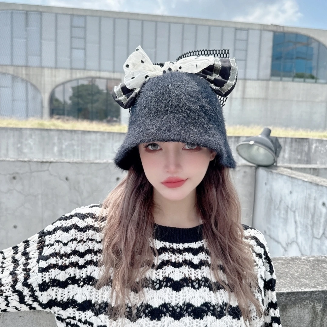 CREAMPP 原创俏皮高颅顶多层蝴蝶结黑色柔软仿皮草渔夫帽百搭盆帽