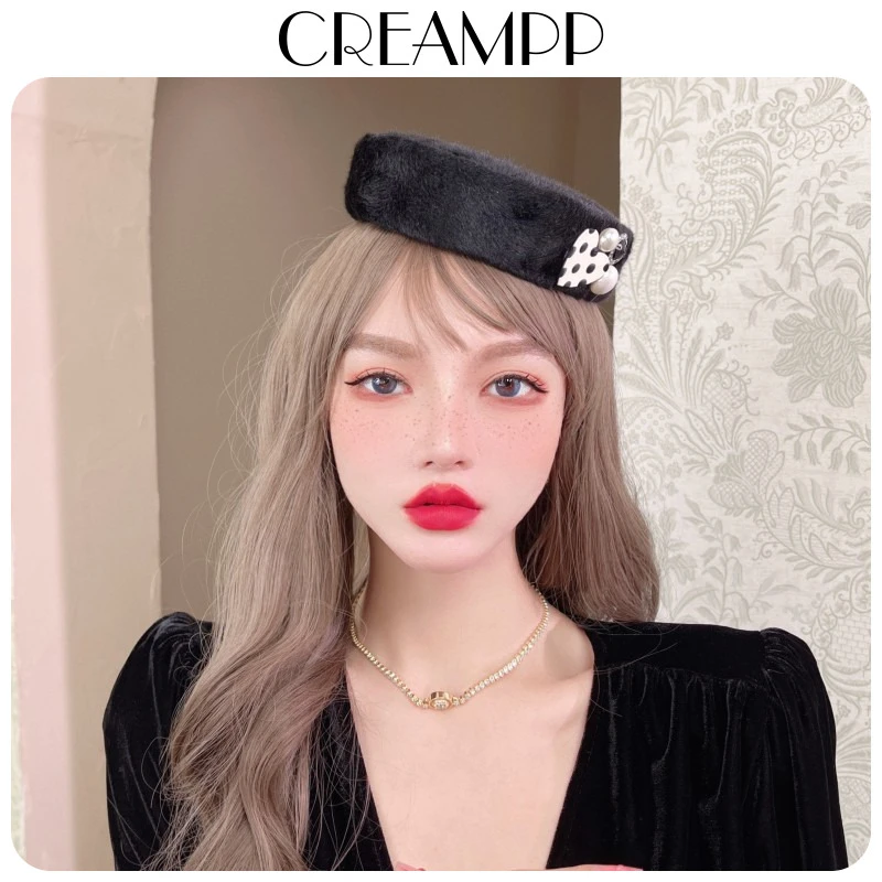 CREAMPP 原创爱心珠钻平顶礼帽秋冬貂绒毛仿皮圆形复古发饰帽