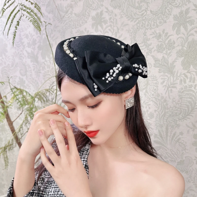 CREAMPP 原创蝴蝶结发箍毛呢帽 复古凹黑白椭圆定型发饰帽